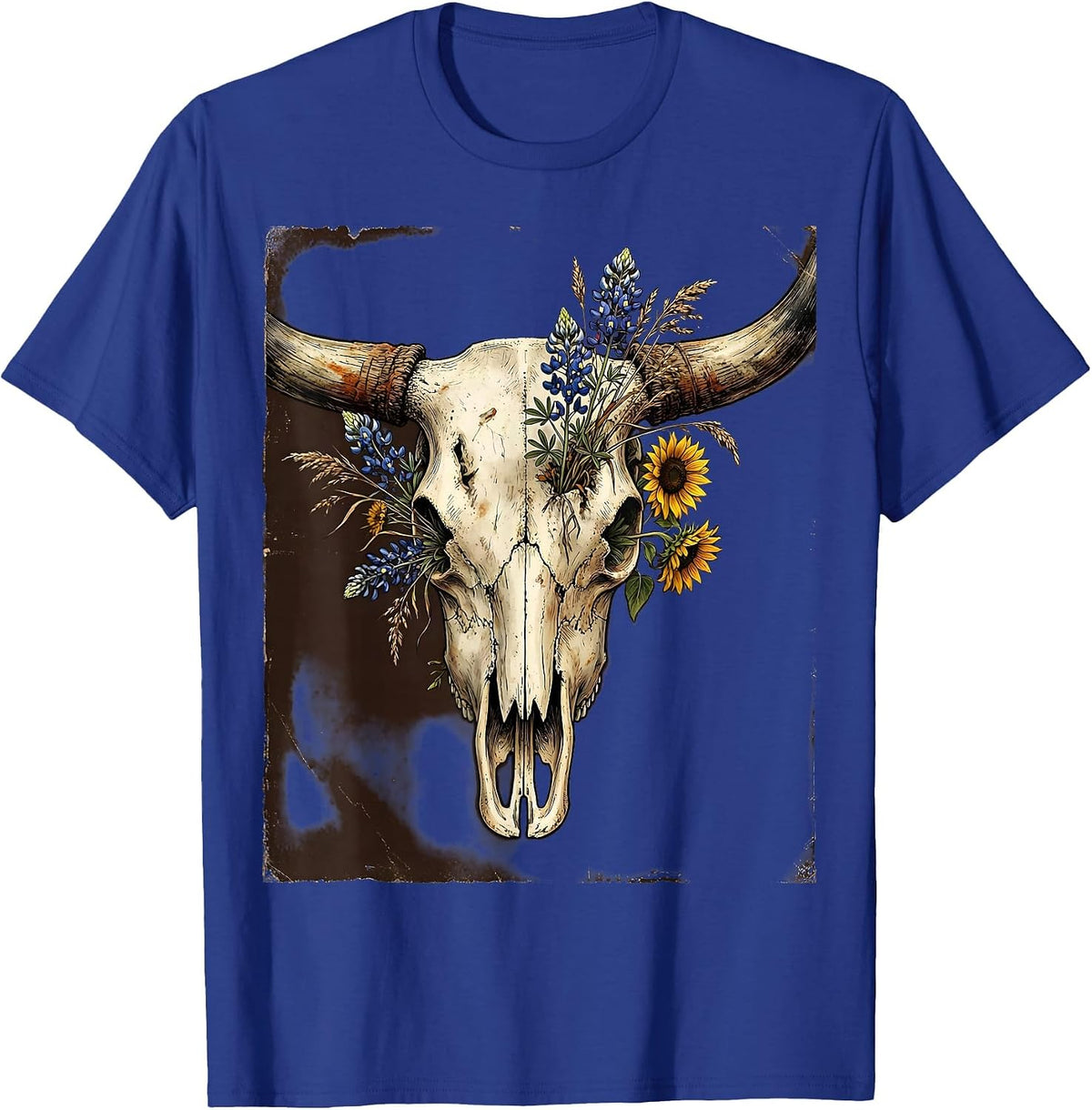 Longhorn Skull Wildflower Boho Western Graphic T-Shirt - Royal Blue