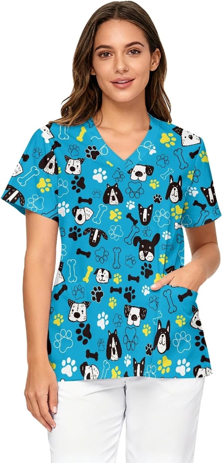 Scrubs for Women V Neck Medical Scrub Tops Size S - 5XL - Blue Cute Dog Print