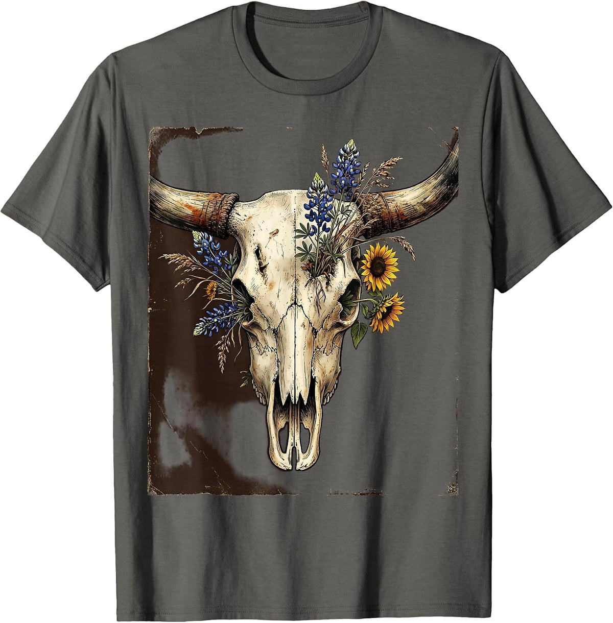 Longhorn Skull Wildflower Boho Western Graphic T-Shirt - Asphalt Grey
