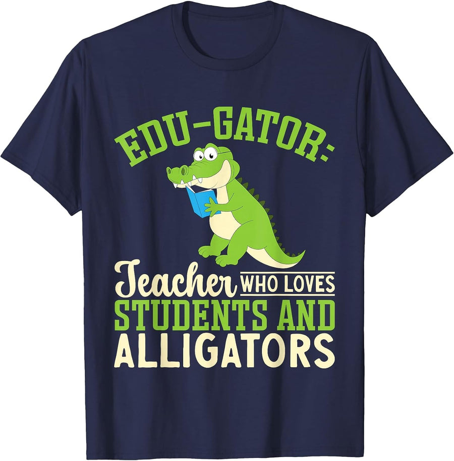 Edu-Gator Teacher Who Loves Students and Alligators School T-Shirt - Navy Blue