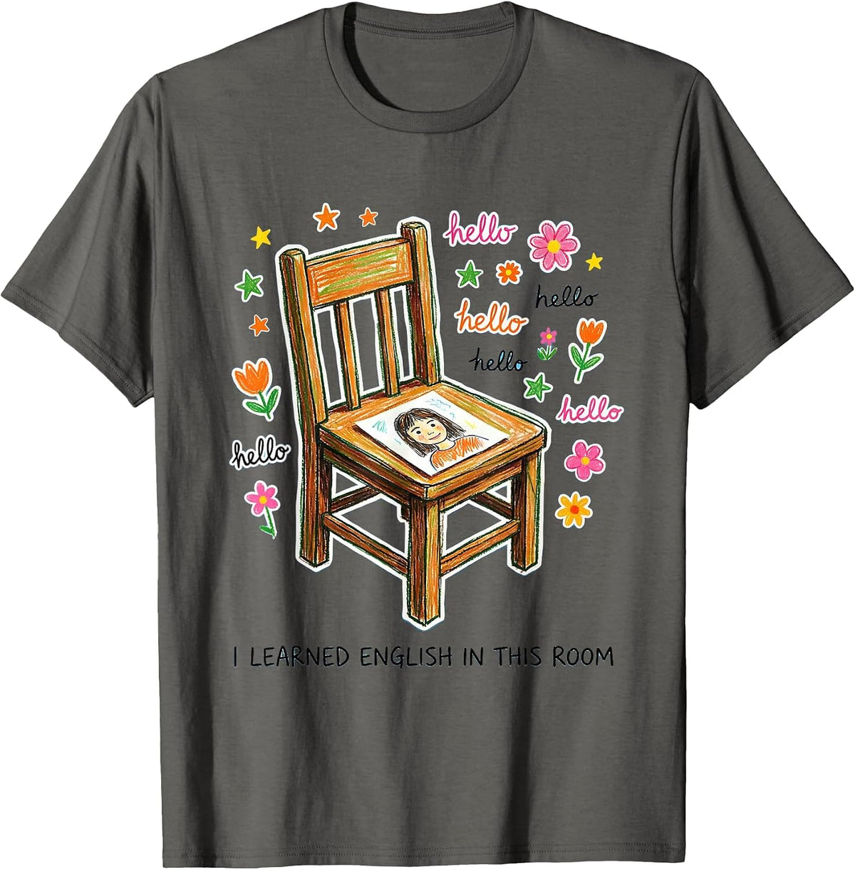 Men's I Learned English In This Room Naive Kidcore ESL English T-Shirt - Asphalt Grey