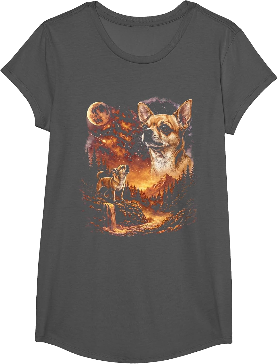 Chihuahua Howling to The Moon Funny Dog T-Shirt - Girls Asphalt Grey