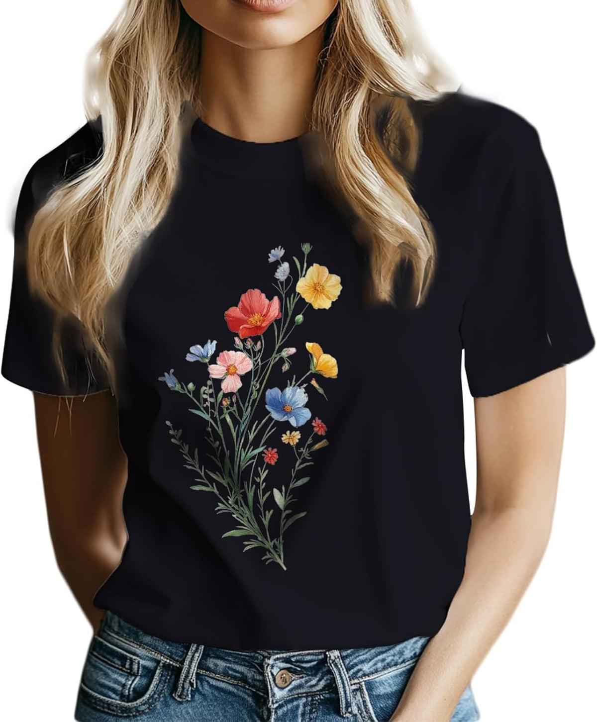 domirica 100% Cotton Tshirt for Women Flower Print Short Sleeve Crewneck Casual Dressy Funny 2025 Summer Boho Ladies Clothes