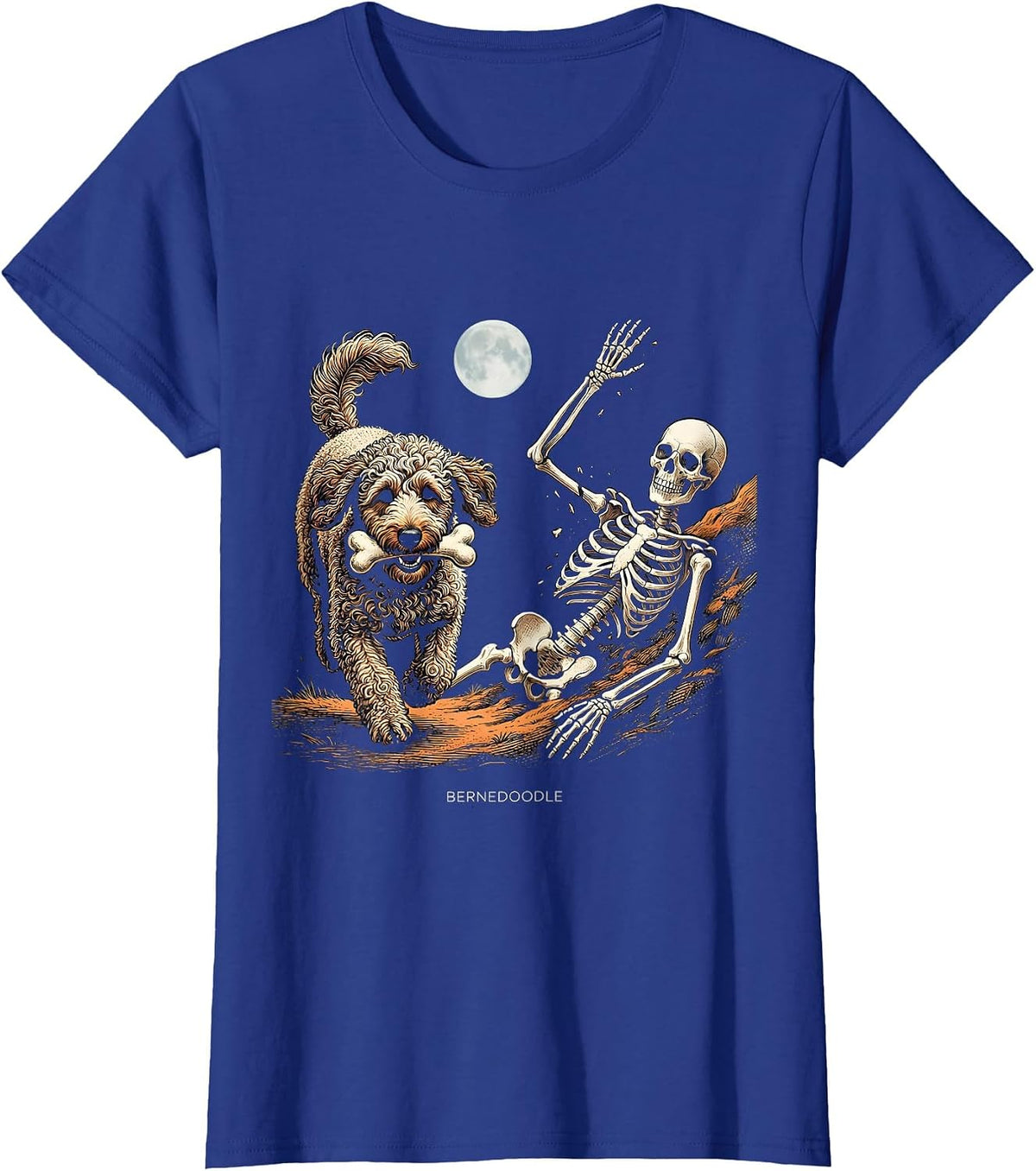 Women's Bernedoodle Funny Skeleton Chasing Halloween Dog Mom Pet T-Shirt - Royal Blue