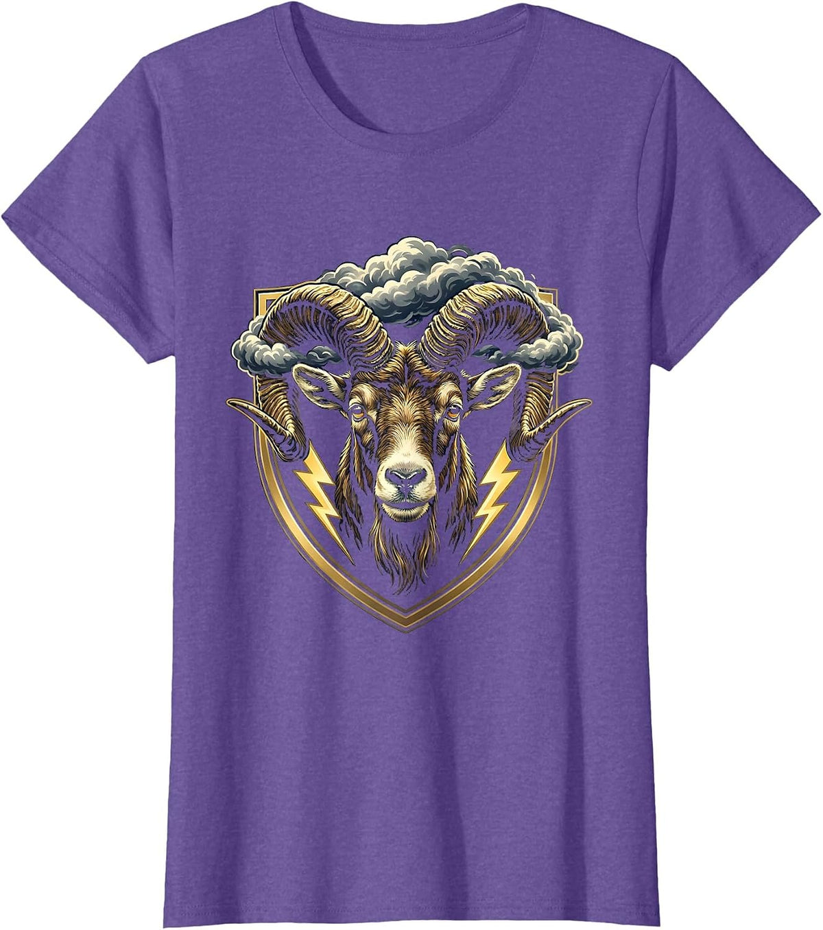 Billy Goat Storm Clouds Swirling Horns Illustration T-Shirt - Purple Heather