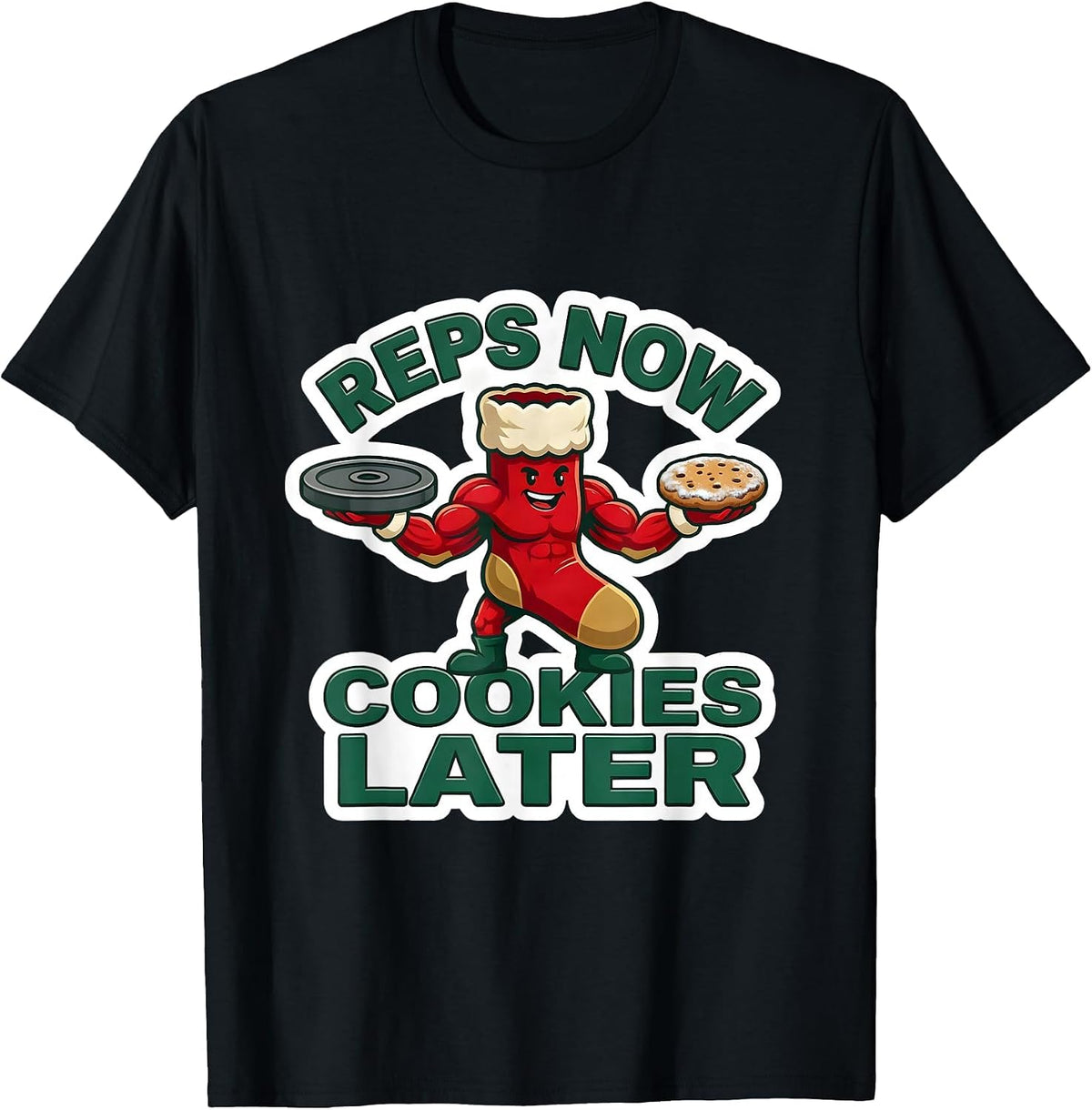Men's Reps Now Cookies Later Funny Gym Christmas Weightlifting T-Shirt - Black