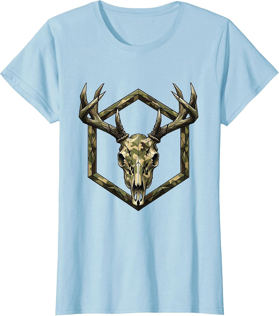 Women's Deer Skull Camo Paint Pattern Hunting Design T-Shirt - Baby Blue