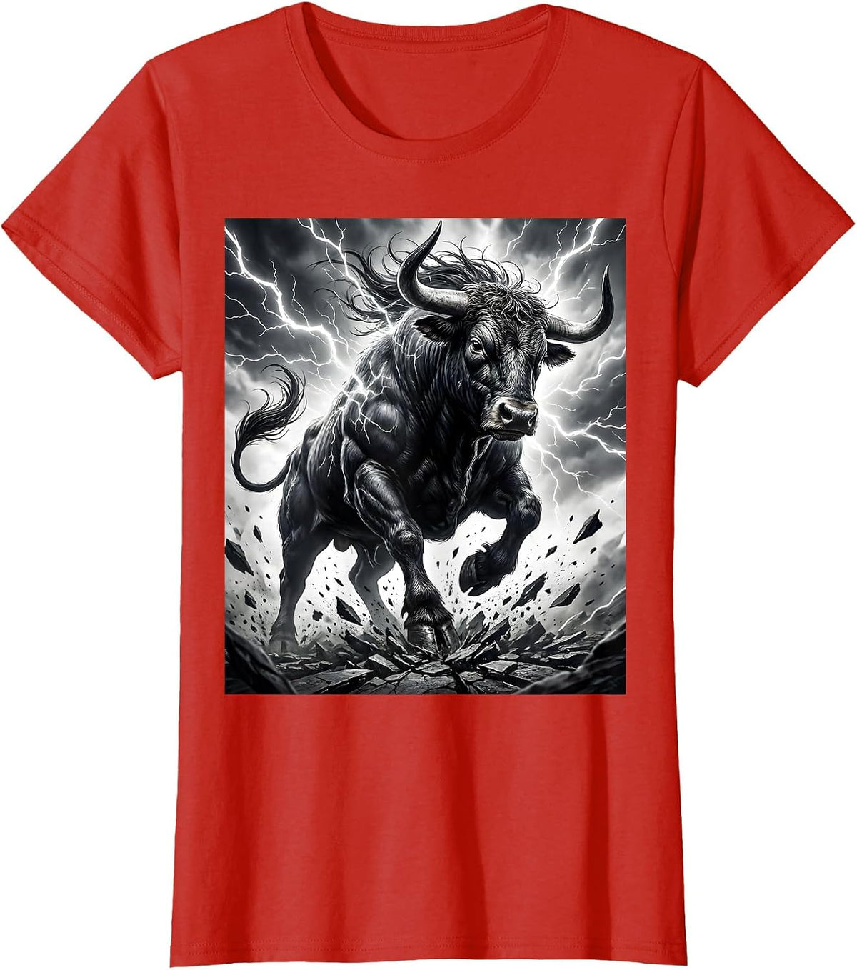 Bull Charging Through Lightning Storm Graphic T-Shirt - Red
