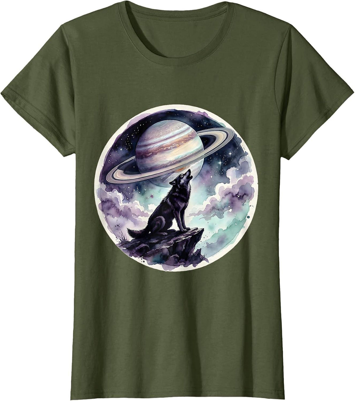 Women's Wolf Howling at a Ringed Planet Galaxy Design T-Shirt - Olive Green
