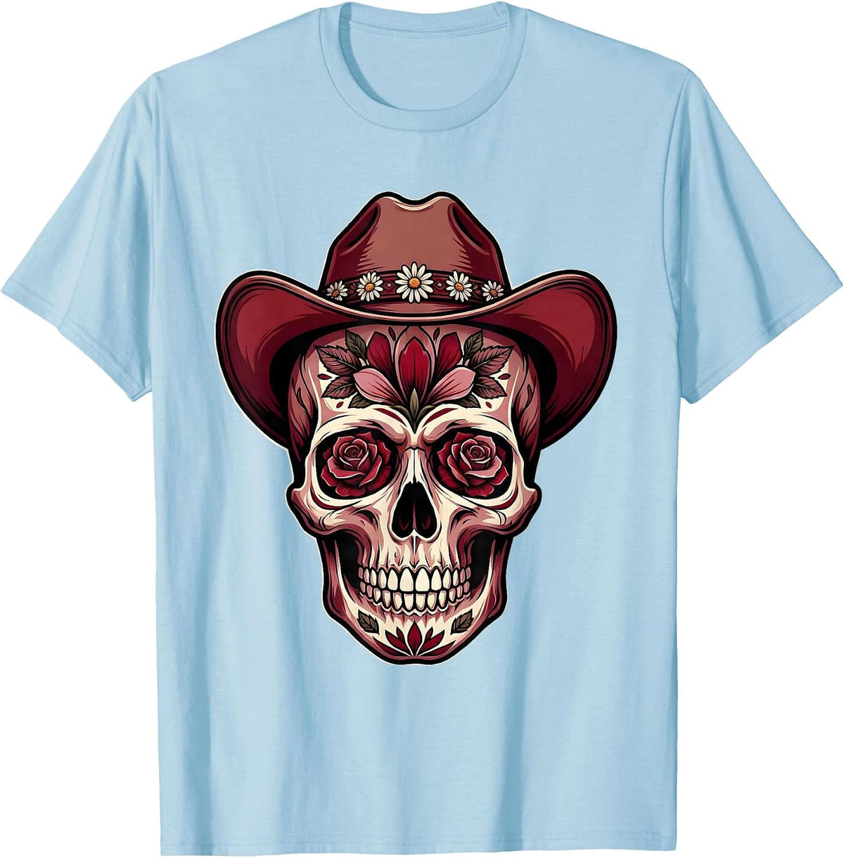 Men's Floral Skull Cowboy Hat Western Graphic Design T-Shirt - Baby Blue