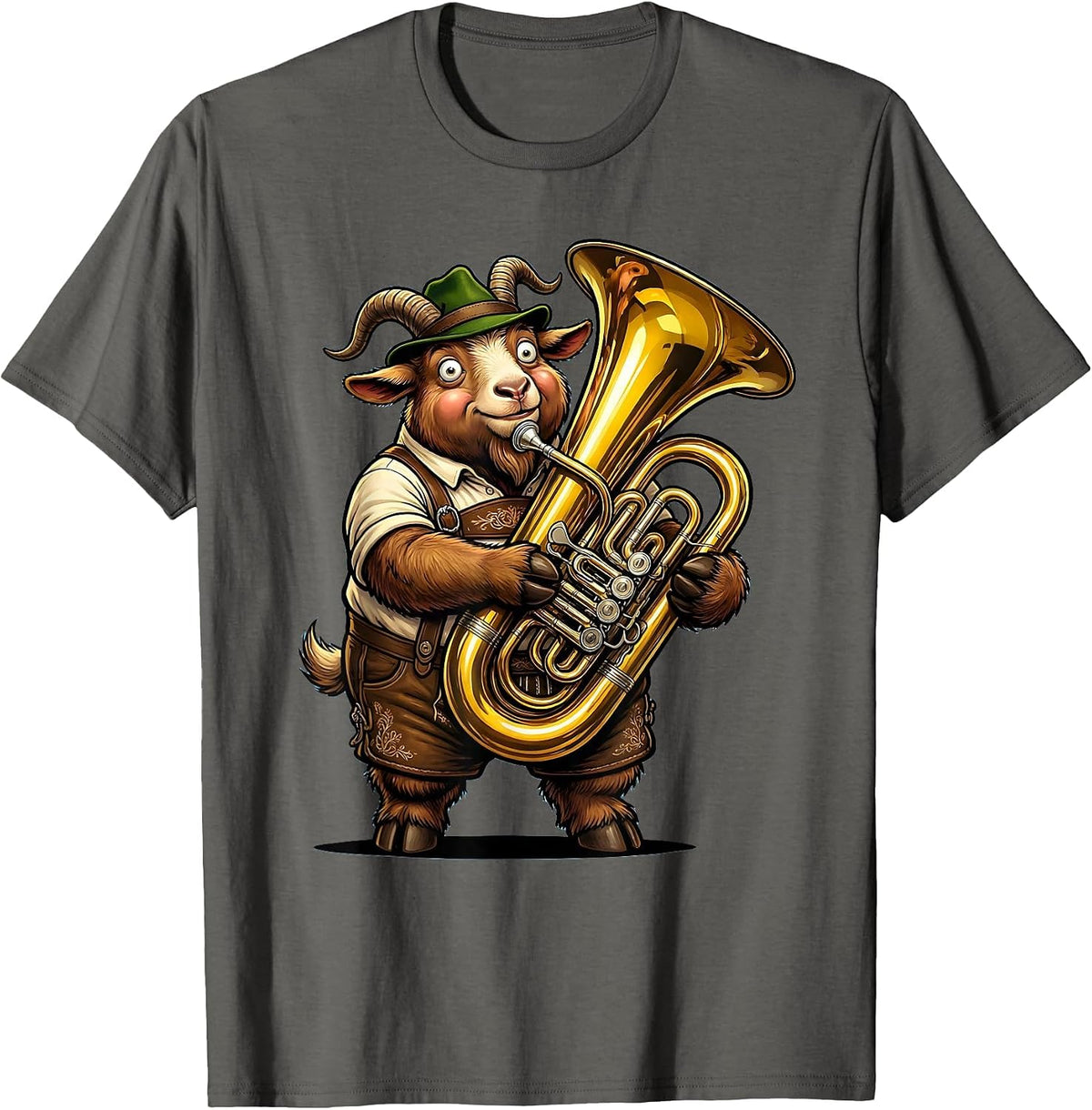 Men's Funny Oktoberfest Goat in Lederhosen Playing Tuba T-Shirt - Asphalt Grey