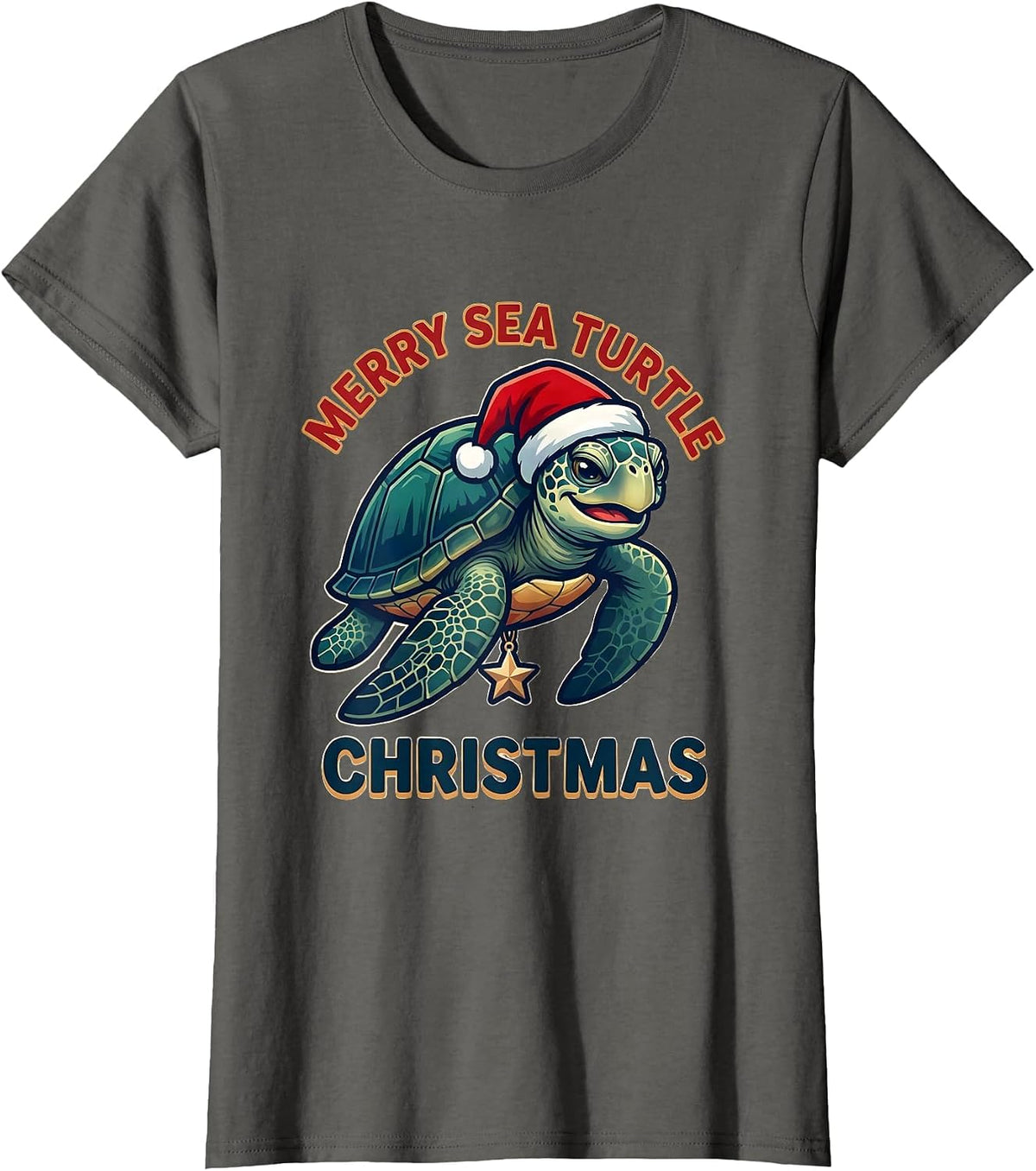 Women's Merry Sea Turtle Christmas Whimsical Sea Turtle Lover T-Shirt - Asphalt Grey