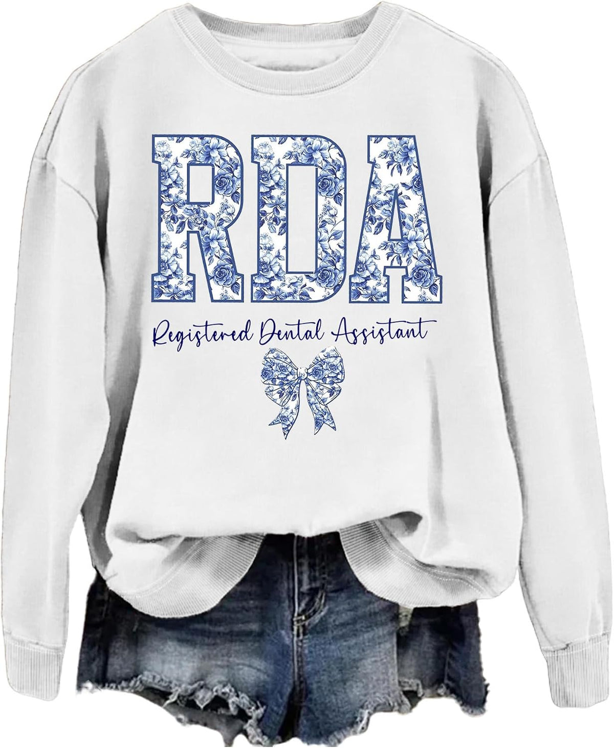 SAUIVD RDA Registered Dental Assistant Sweatshirt for Women Flower Dental Shirt Dentist Gifts Long Sleeve Pullover Tops -