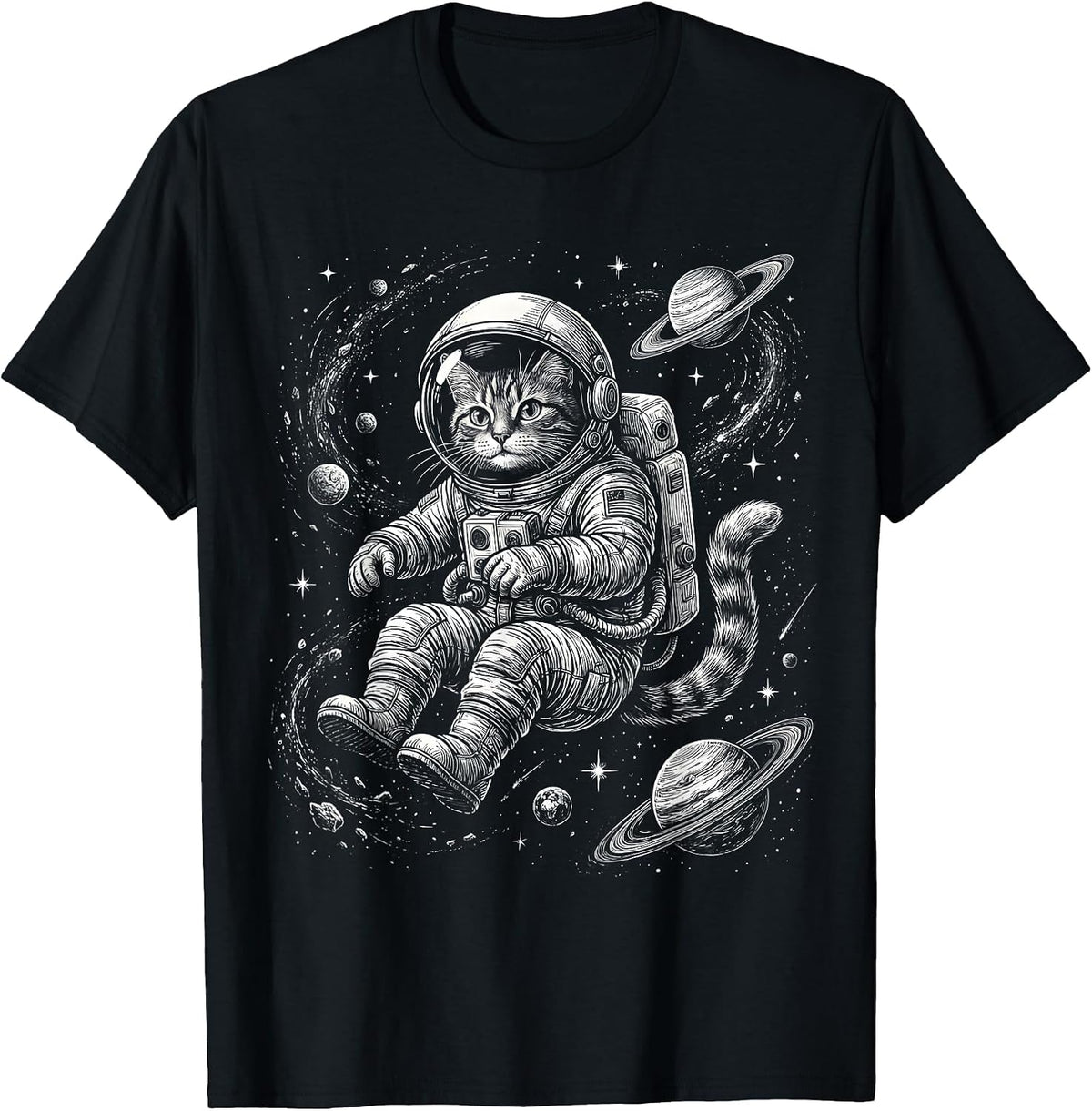 Men's Cat Astronaut Floating in Deep Space Illustration T-Shirt - Black
