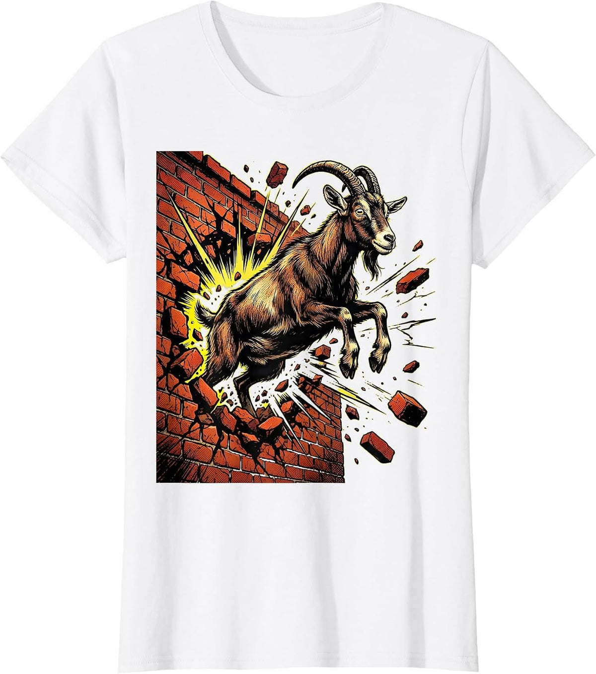 Women's Unhinged Goat Smashing Through Brick Wall T-Shirt - White