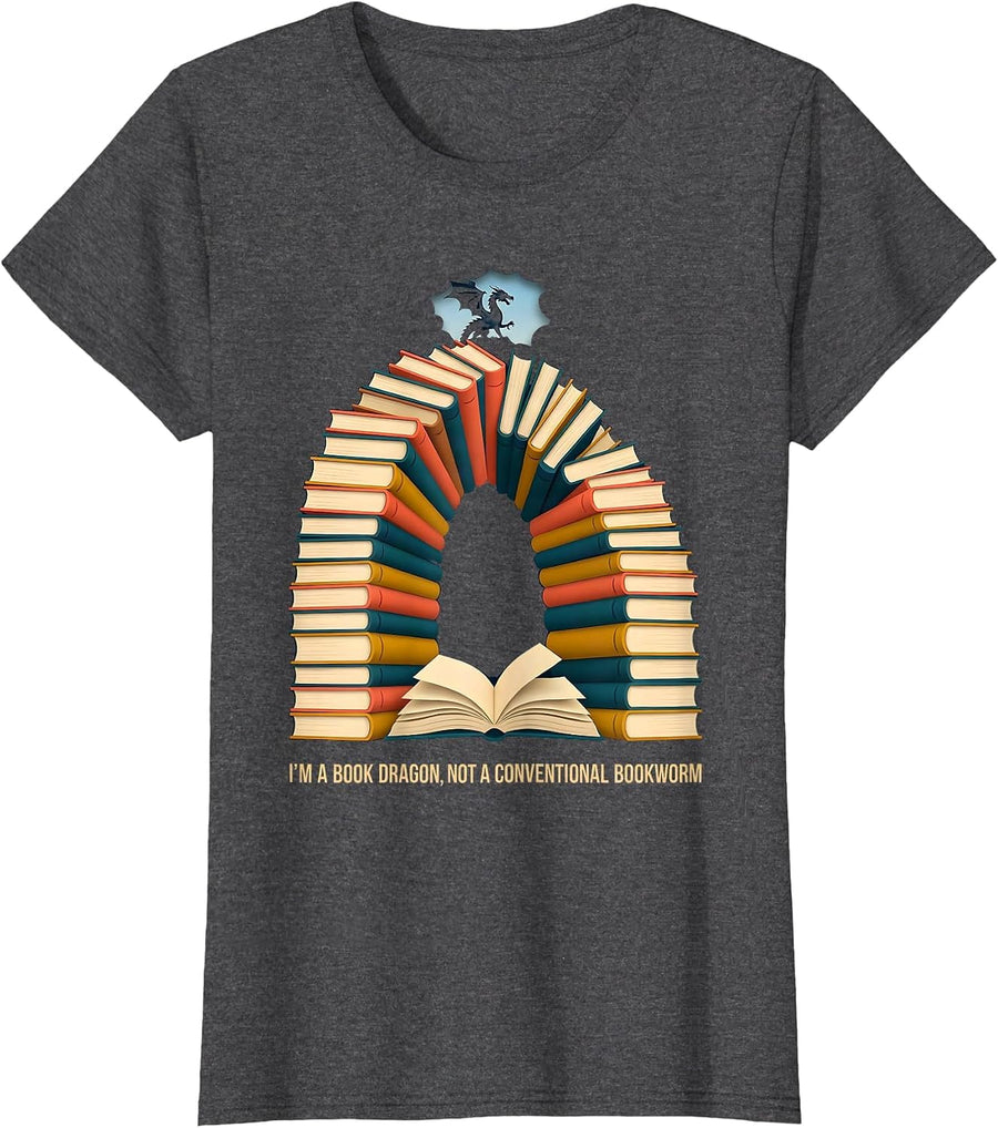 Women's I'm A Book Dragon, Not A Conventional Bookworm Funny T-Shirt - Dark Heather Grey