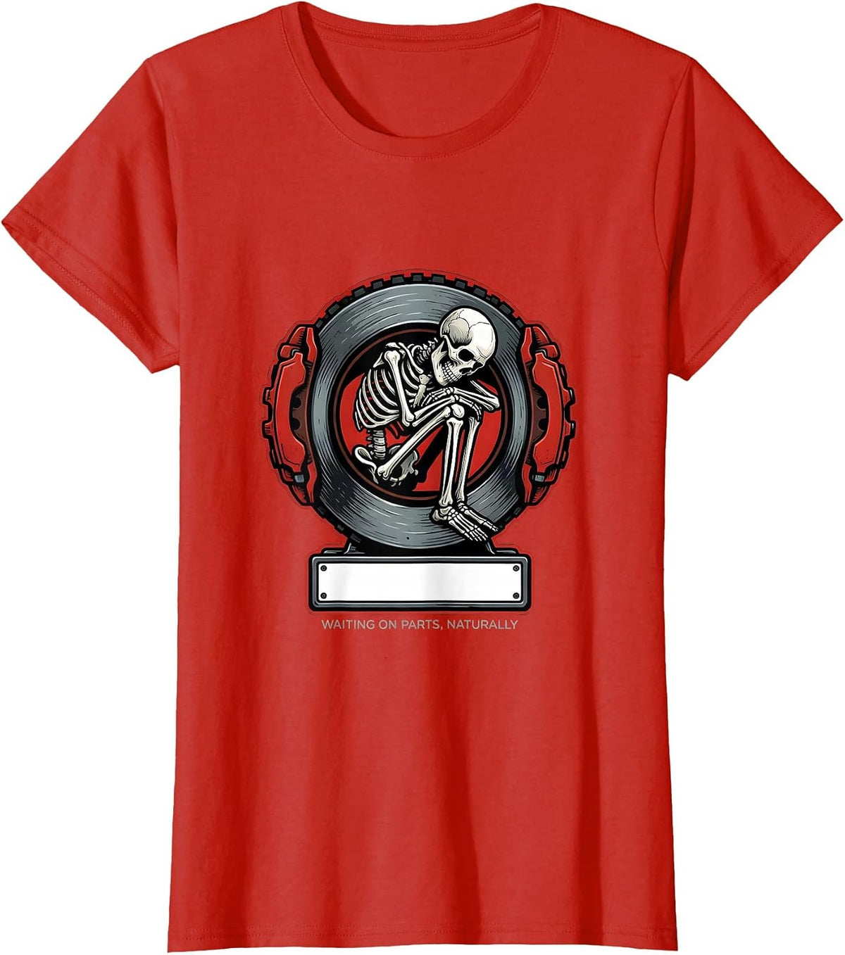 Women's Waiting On Parts Naturally Funny Mechanic Skeleton Auto T-Shirt - Red