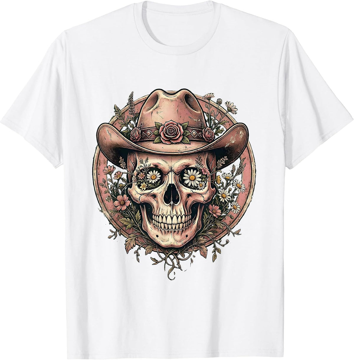 Men's Floral Skull Cowgirl Hat Western Graphic Design T-Shirt - White