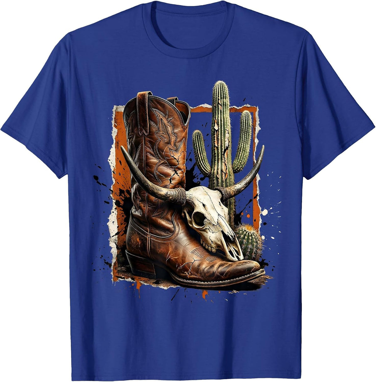 Cowgirl Boot Cactus Skull Western Graphic T-Shirt - Royal Blue