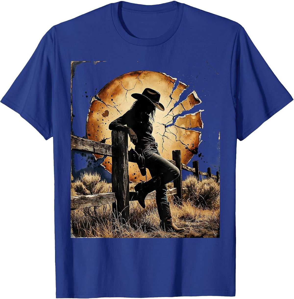 Men's Cowgirl Leaning on Fence Sunset Rodeo Design T-Shirt - Royal Blue