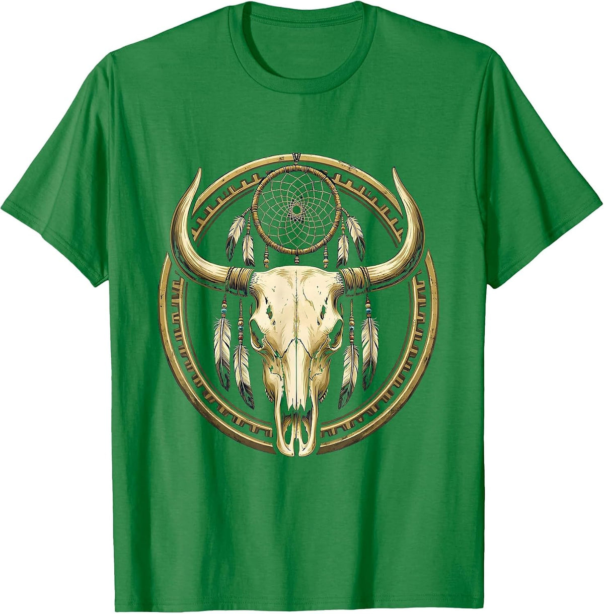 Men's Cow Skull Dreamcatcher Boho Western Graphic T-Shirt - Kelly Green
