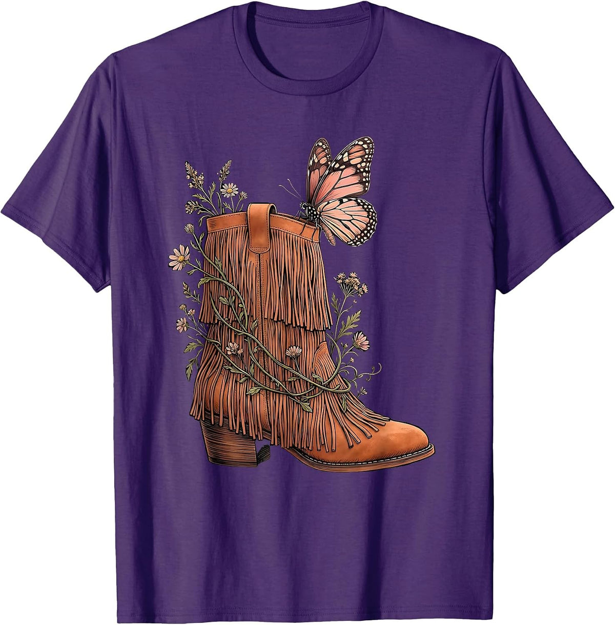 Men's Boho Butterfly Fringe Boot Graphic Tee T-Shirt - Purple