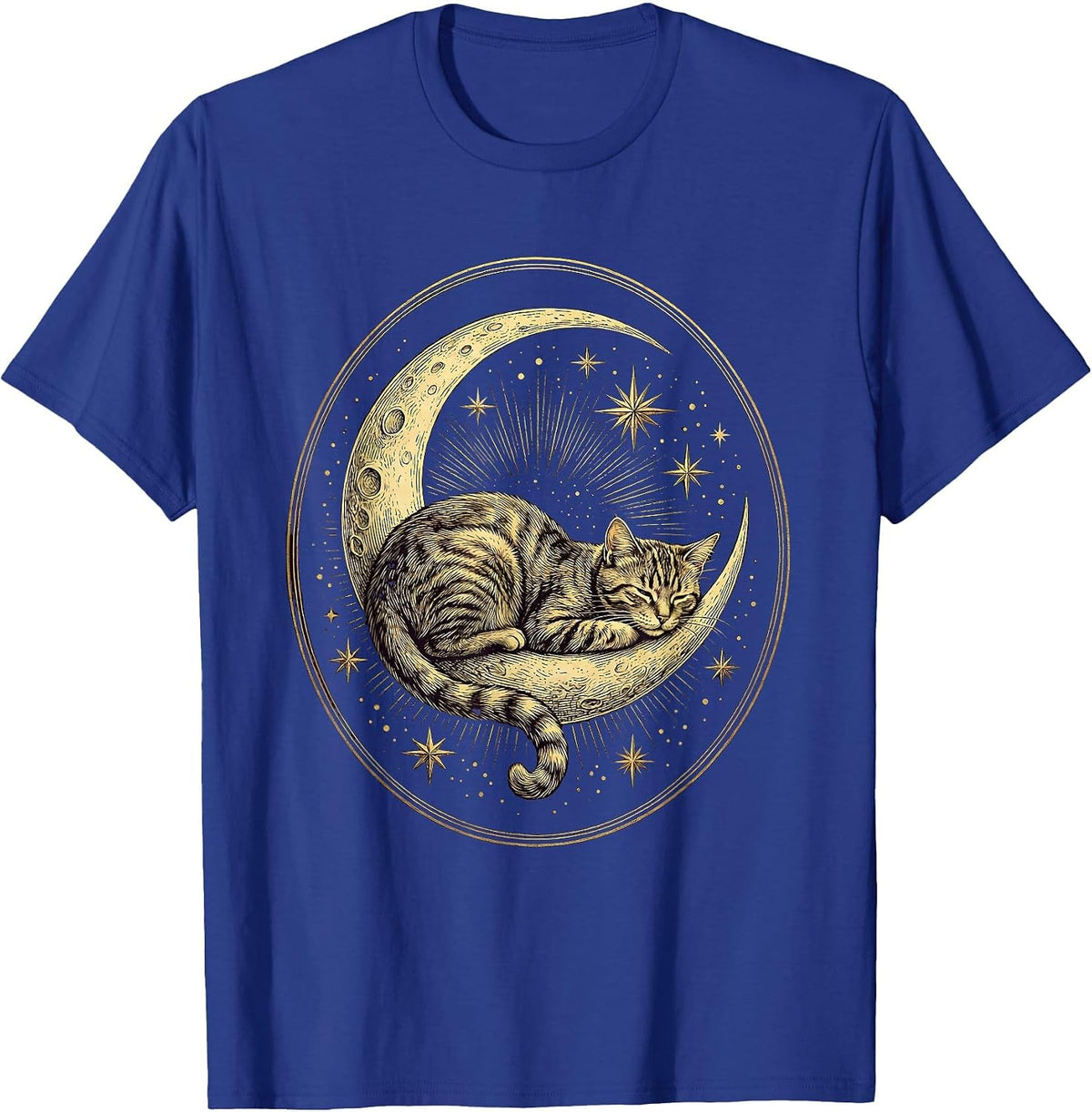 Men's Cat Draped Over Crescent Moon and Stars T-Shirt - Royal Blue