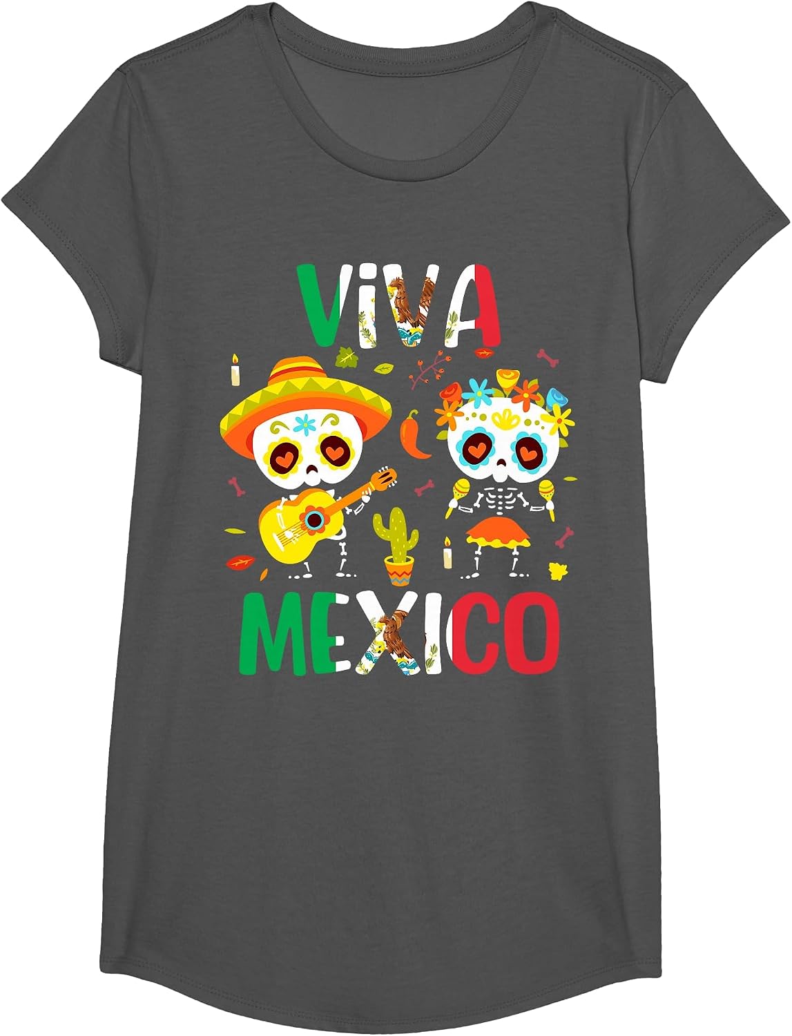 Viva Mexico Shirt Women Boys Girls Kids Mexican Flag Fiesta T-Shirt - Girls Asphalt Grey
