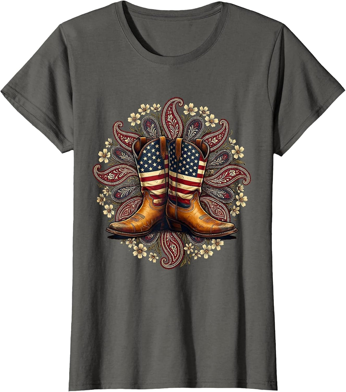 Women's Cowgirl Boots Floral Paisley Western Design T-Shirt - Asphalt Grey