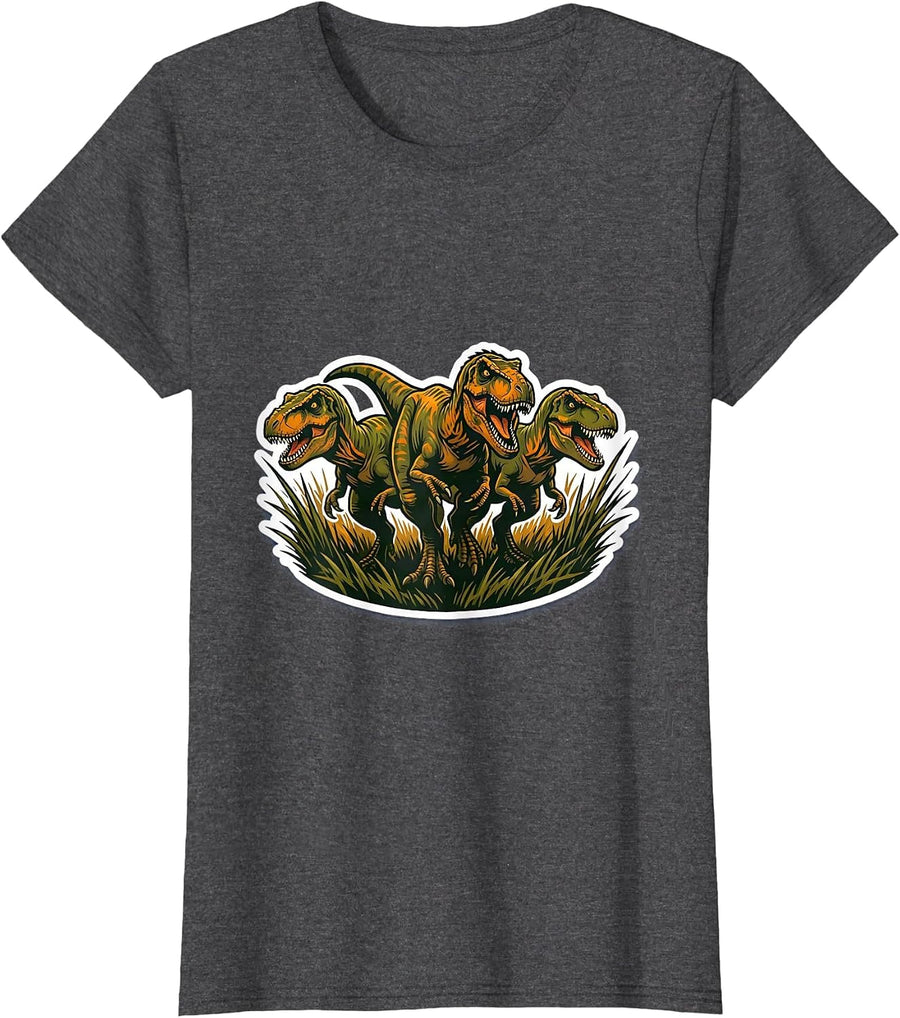 Women's Raptor Pack Hunting in Tall Grass Dinosaur T-Shirt - Dark Heather Grey