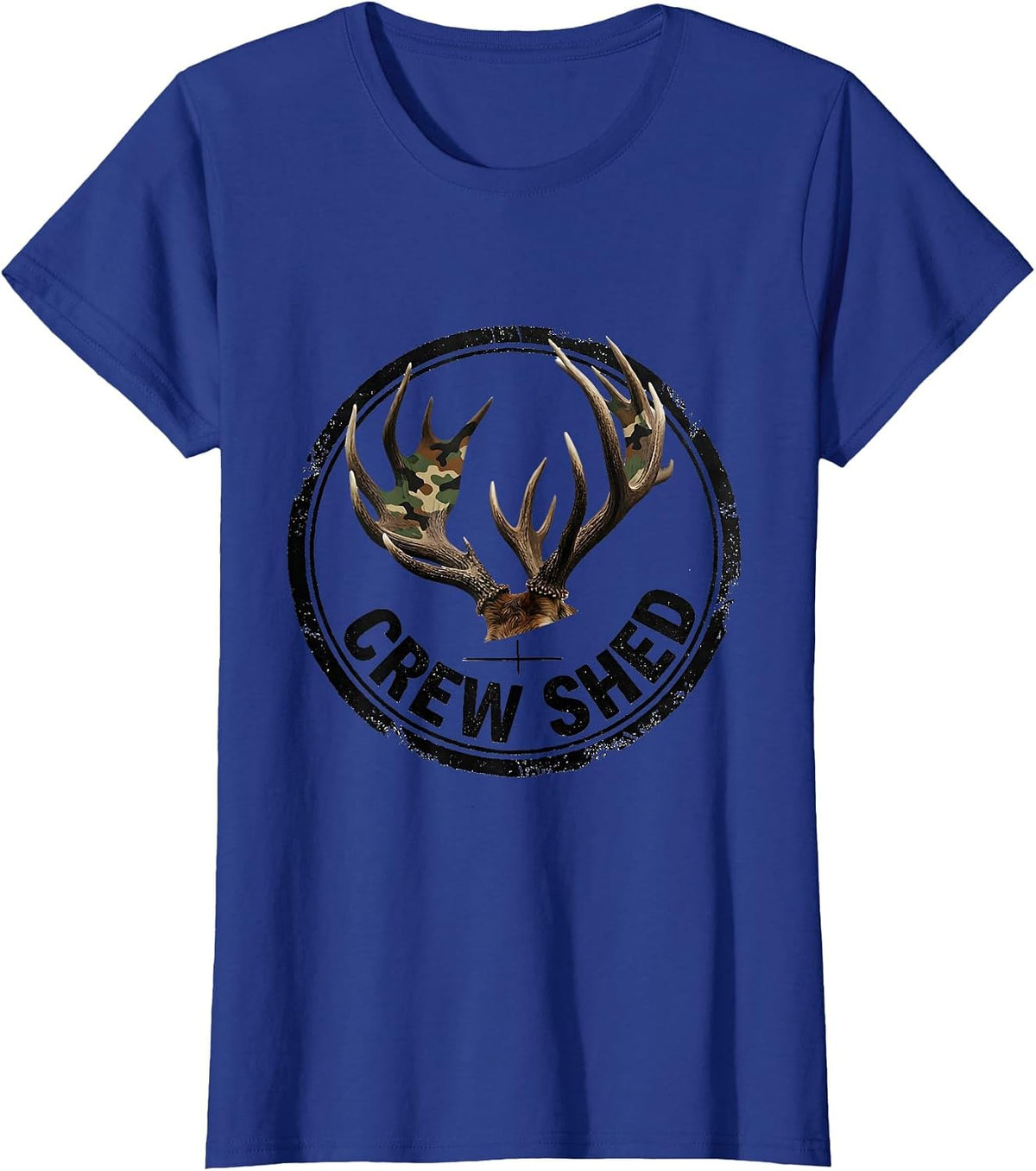 Women's Crew Shed Rubber Stamp Camo Deer Hunting Youth Humor T-Shirt - Royal Blue
