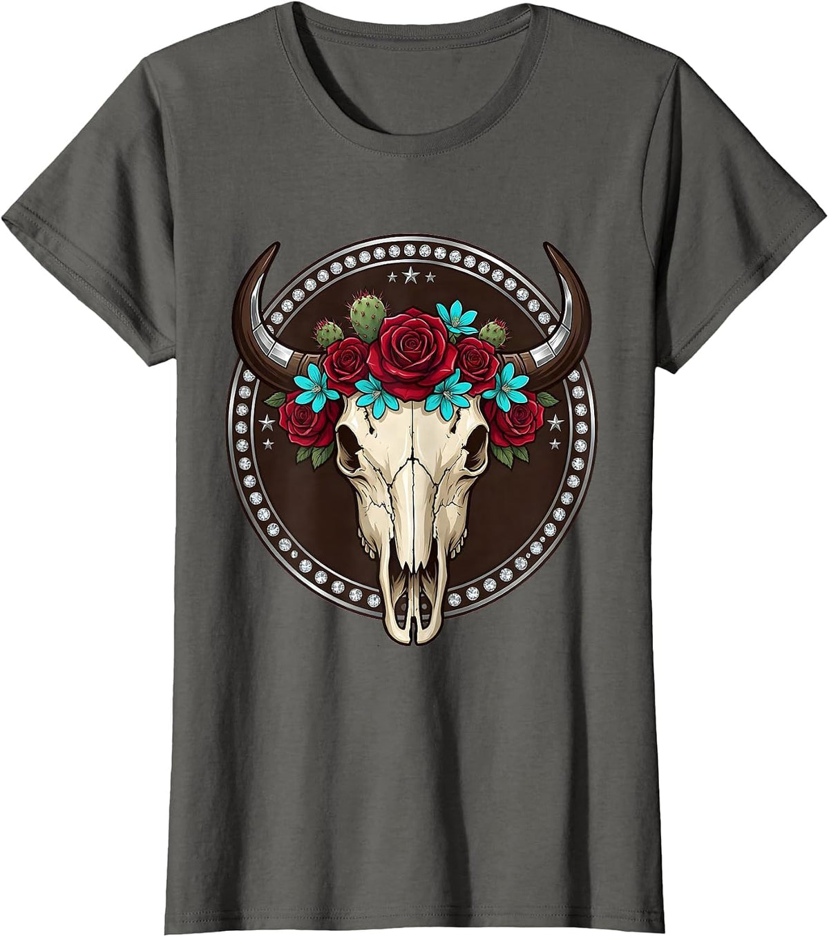 Women's Buffalo Skull Desert Flowers Western Boho Graphic T-Shirt - Asphalt Grey