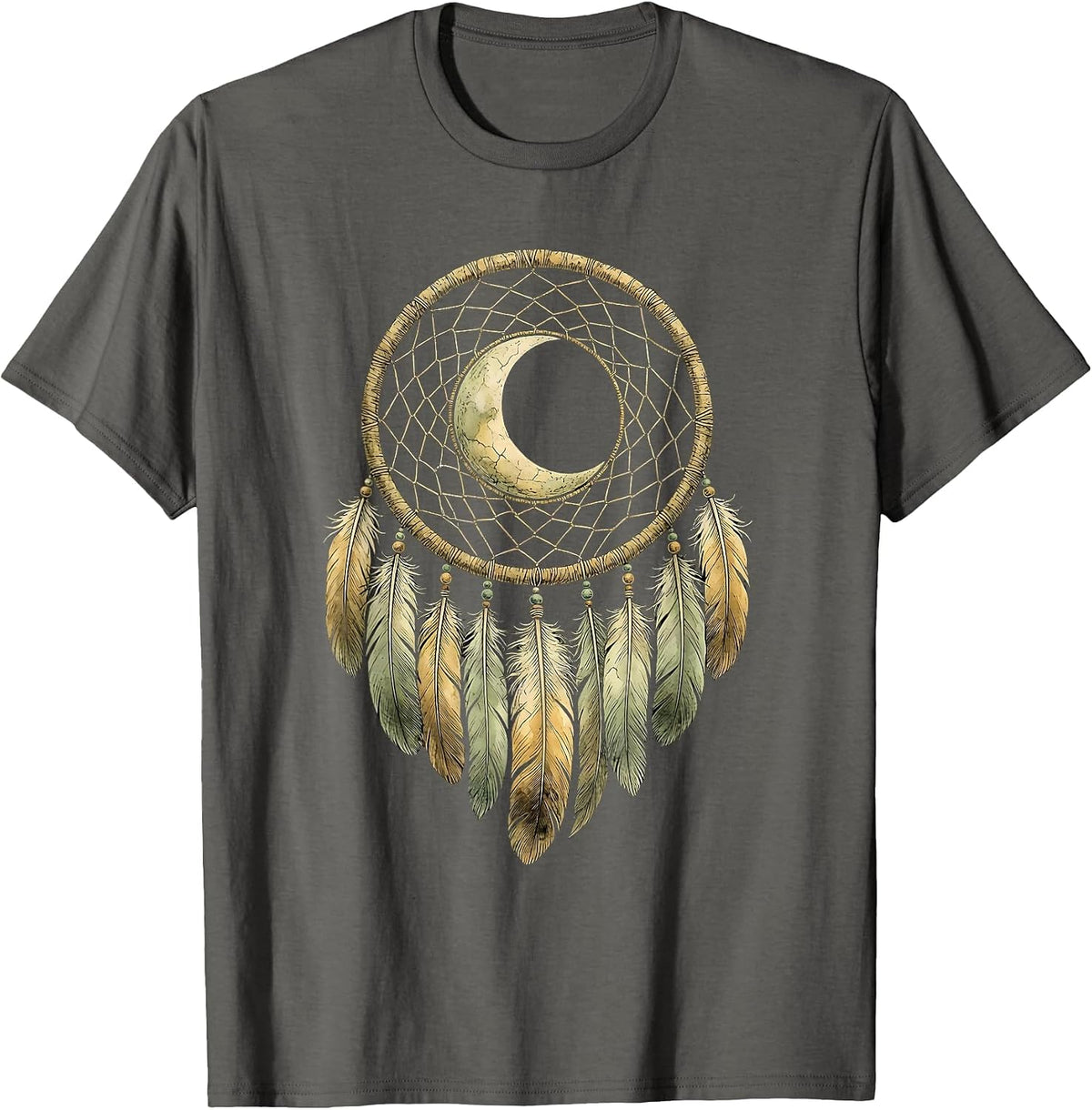 Dreamcatcher Crescent Moon Feathers Western Boho T-Shirt - Asphalt Grey