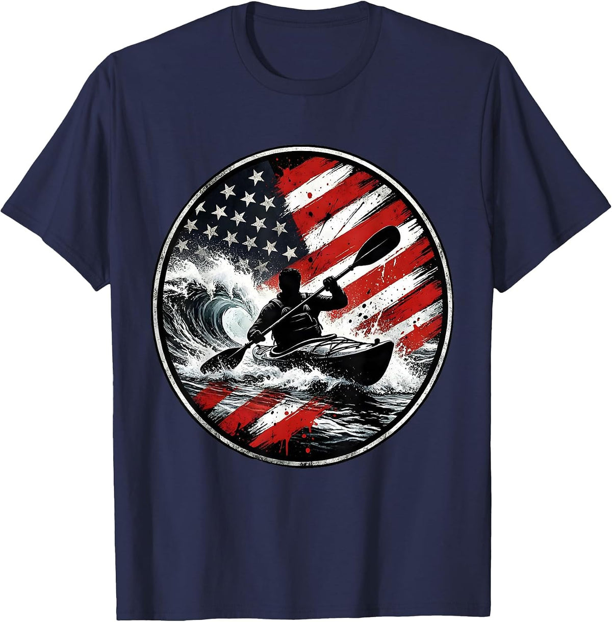 Whitewater Kayaker Paddling Rapids Graphic T-Shirt - Navy Blue