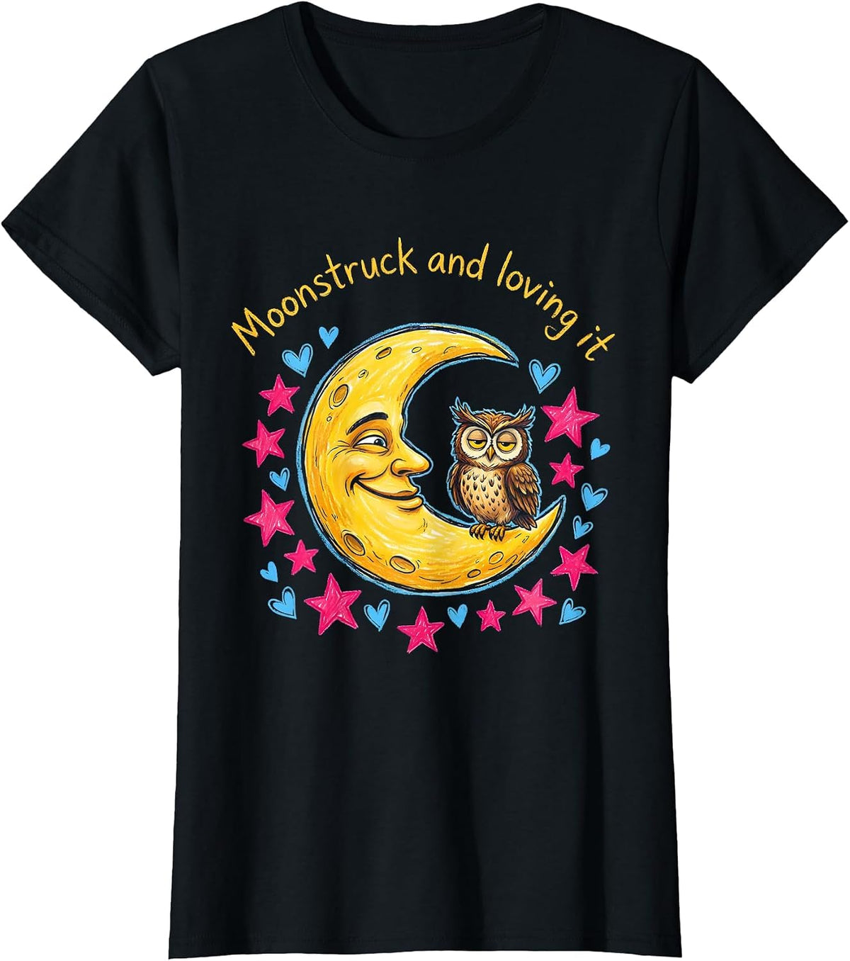 Women's Moonstruck and Loving It Celestial Moon Design T-Shirt - Black