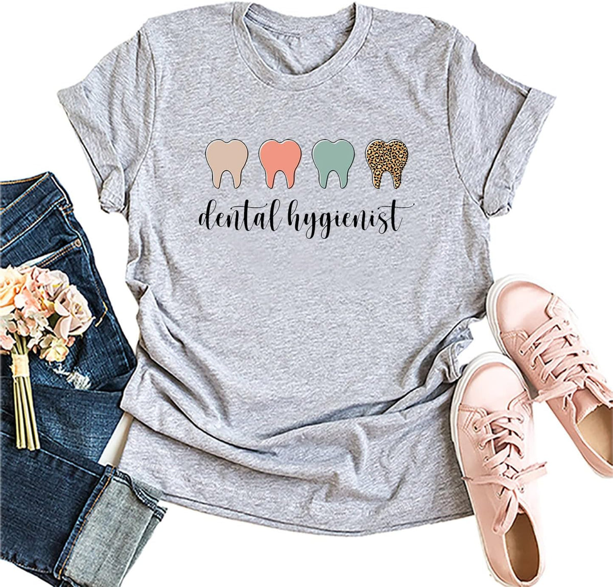Dental Hygienist Shirts for Women Round Neck T-Shirt Casual Short Sleeves Tee Summer for Dentist - Grey