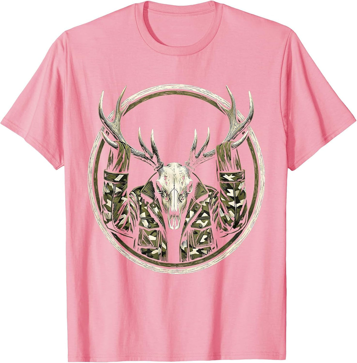 Men's Camo Jacket on Deer Antlers Hunting Graphic T-Shirt - Pink