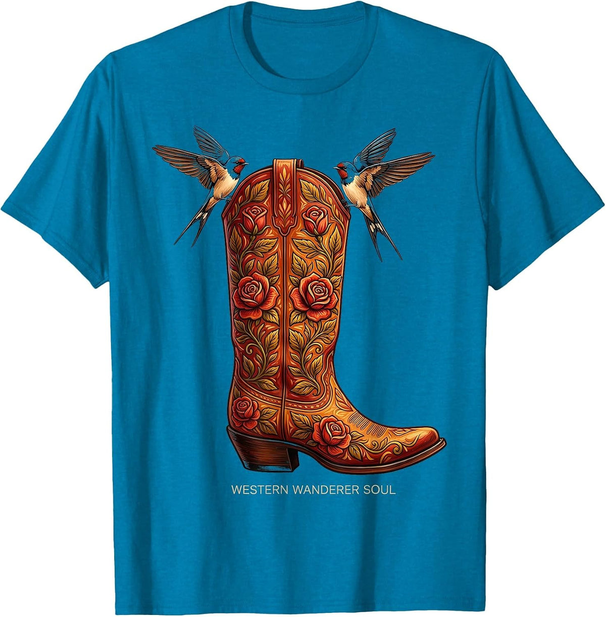 Western Wanderer Soul Women's Boho Cowgirl Design T-Shirt - Sapphire Blue