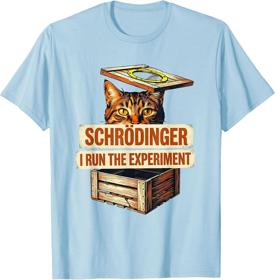 Men's Schrödinger, I Run the Experiment Funny Science Cat Quantum T-Shirt - Baby Blue