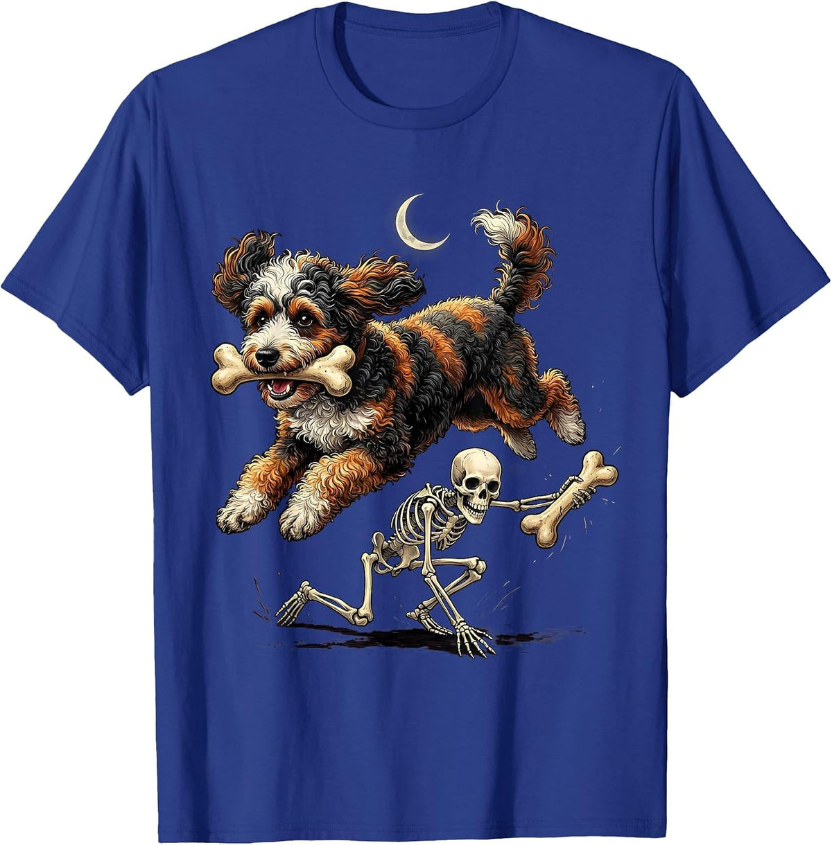 Men's Curly-Coated Bernedoodle Skeleton Chasing Halloween Humor T-Shirt - Royal Blue