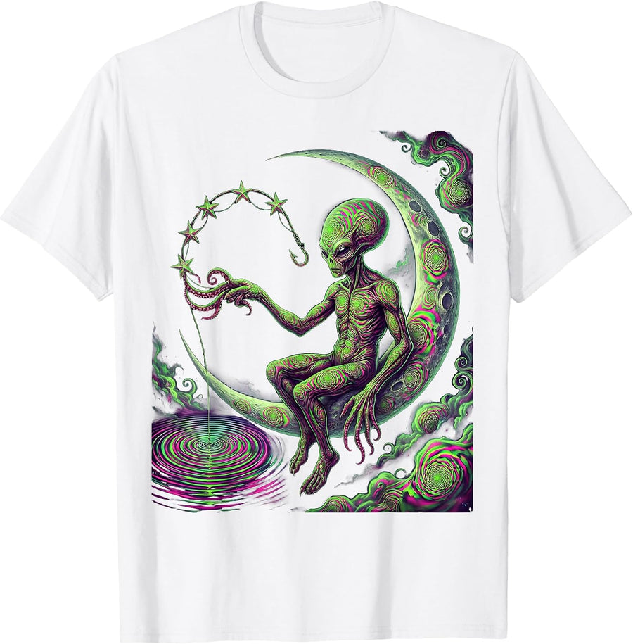Alien Fisherman Catching Stars in Space T-Shirt - White