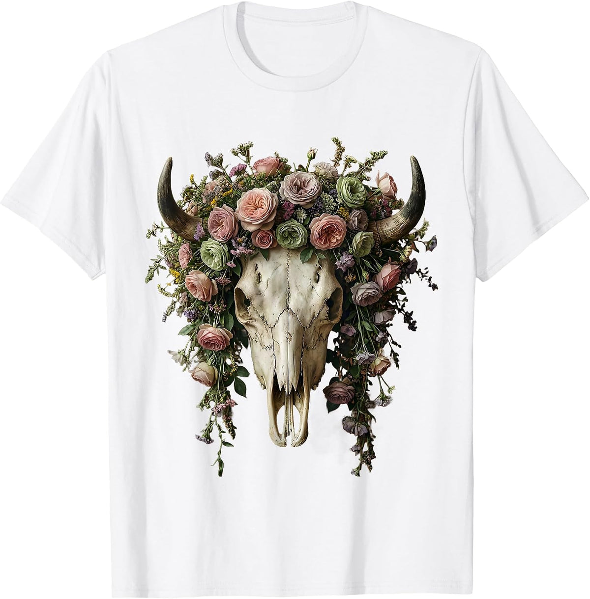 Men's Bull Skull Pastel Floral Crown Western Boho Design T-Shirt - White
