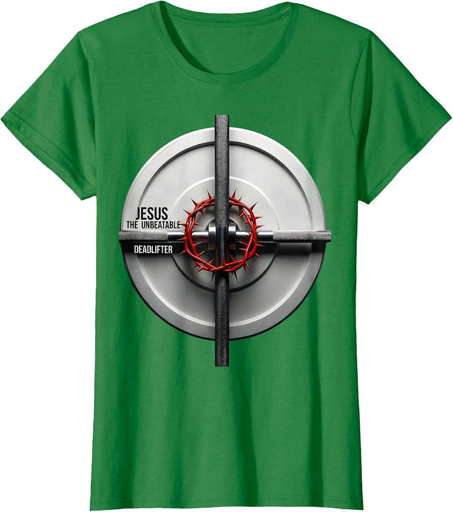 Women's Jesus The Unbeatable Deadlifter Funny Christian Gym T-Shirt - Kelly Green