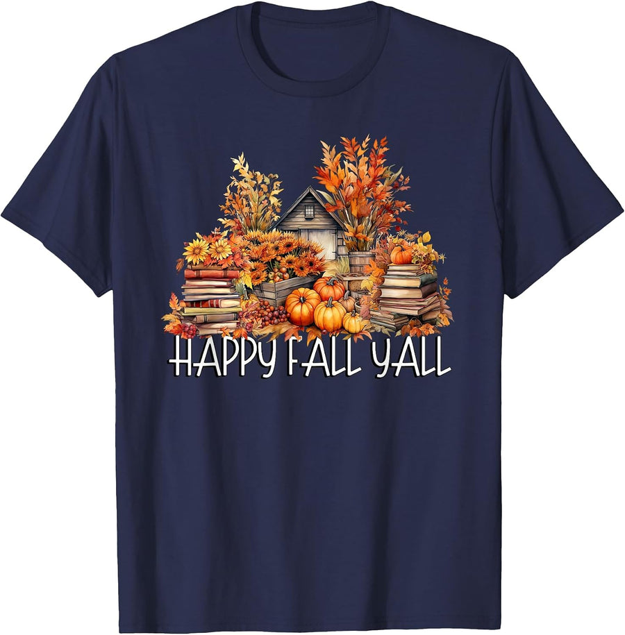 Happy Fall Yall Cute Reading Graphic for Teachers Fall Book T-Shirt - Navy Blue