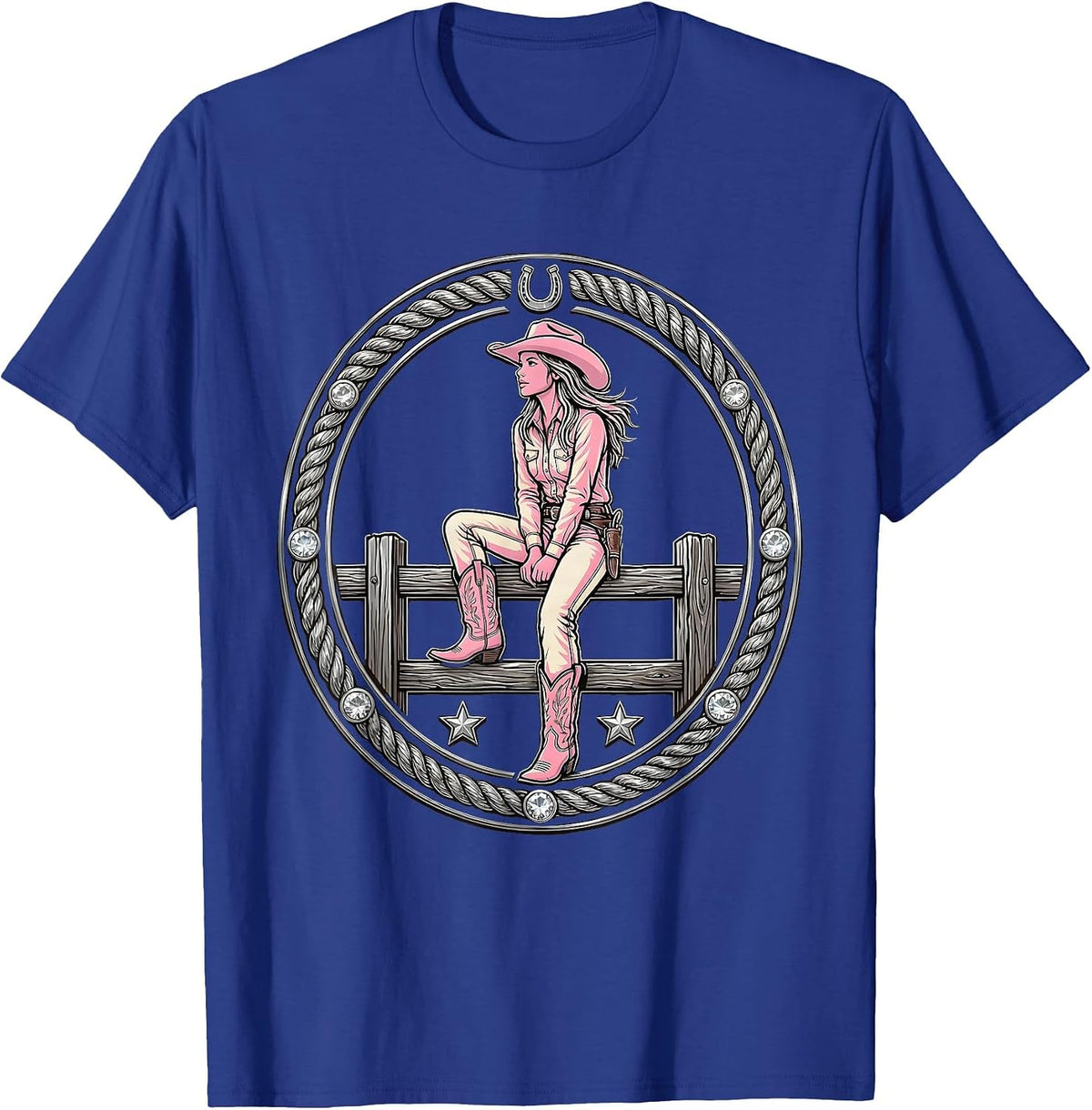 Cowgirl on Fence Rail Rodeo Arena Illustration T-Shirt - Royal Blue