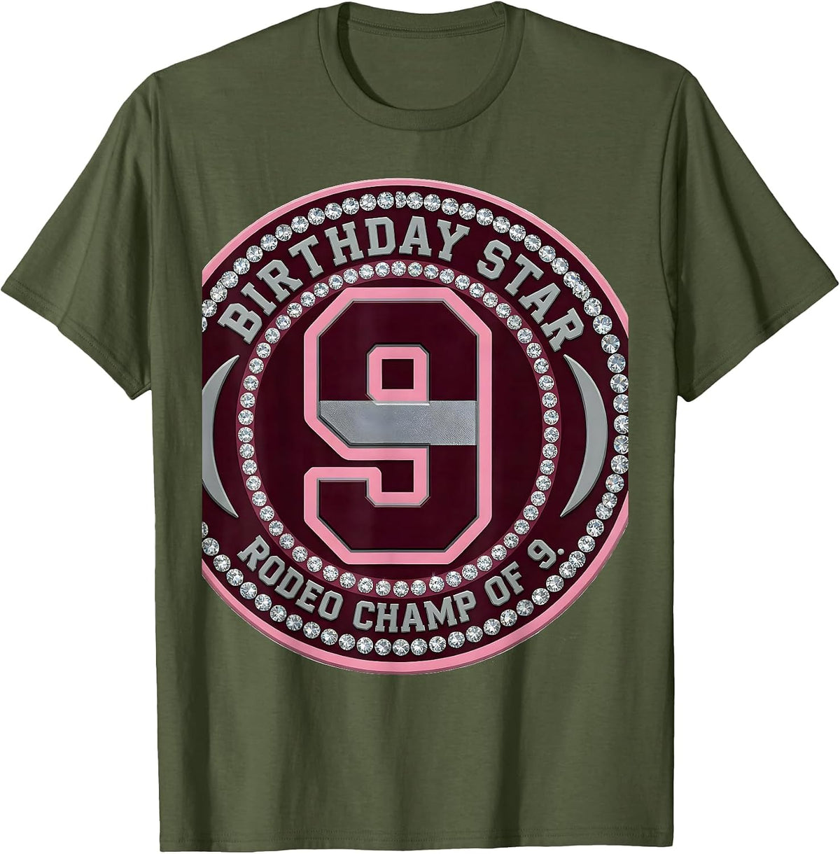 Birthday Star Rodeo Champ of 9 Sparkle Varsity Disco Cowgirl T-Shirt - Olive Green