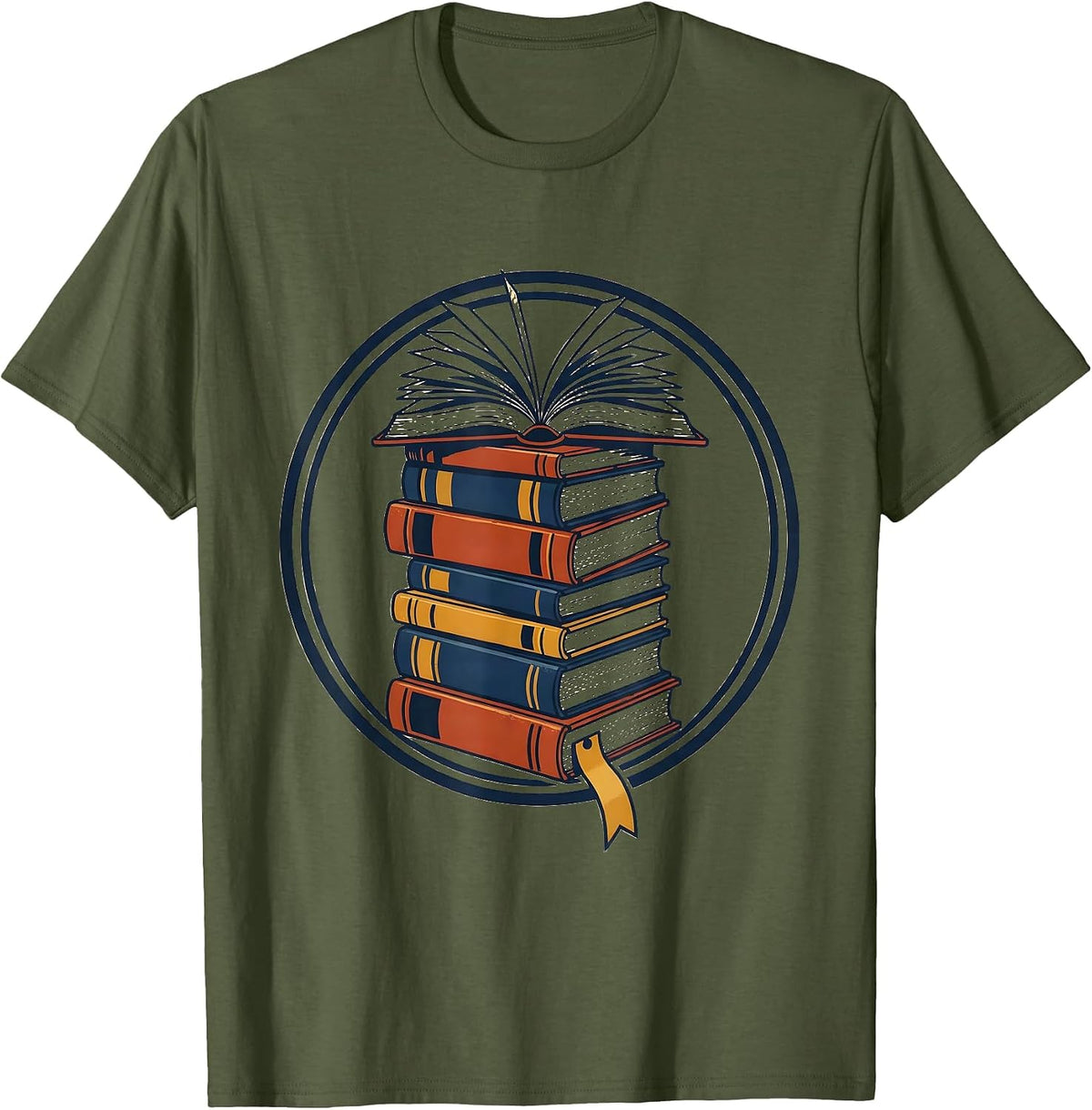 Stacked Books Badge Wood Type Letterpress Bookworm Reader T-Shirt - Olive Green