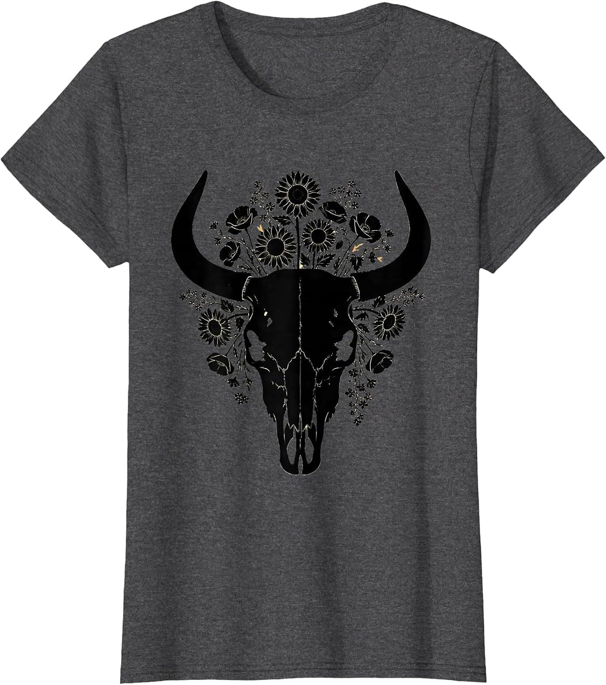 Women's Bull Skull Wildflowers Western Boho Graphic Tee T-Shirt - Dark Heather Grey