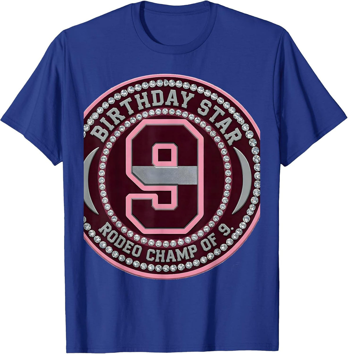 Birthday Star Rodeo Champ of 9 Sparkle Varsity Disco Cowgirl T-Shirt - Royal Blue