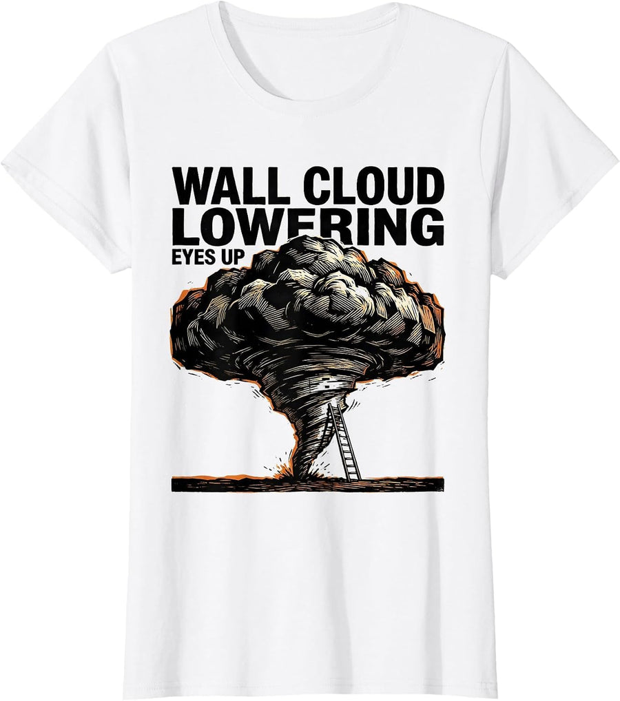 Women's Wall Cloud Lowering Eyes Up Linocut Tornado Chaser T-Shirt - White